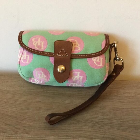 Vintage Dooney & Bourke Wristlet Logo Pattern Green w/Pink, Brown Leather Trim - Picture 1 of 7